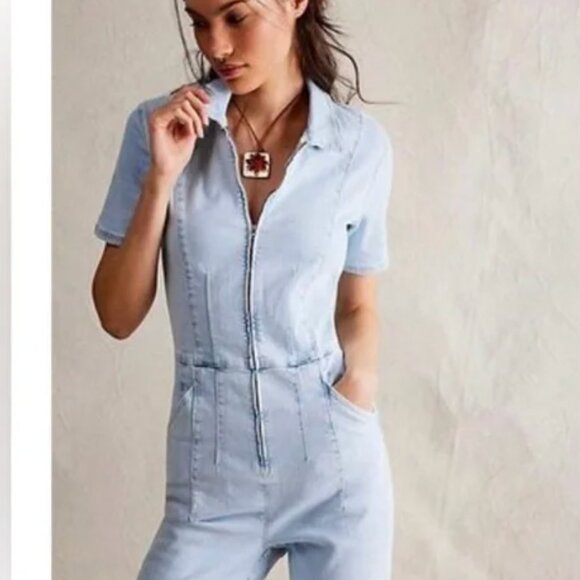 NWOT Free People We The Free Jayde Flare Jumpsuit Light Blue - Picture 10 of 14